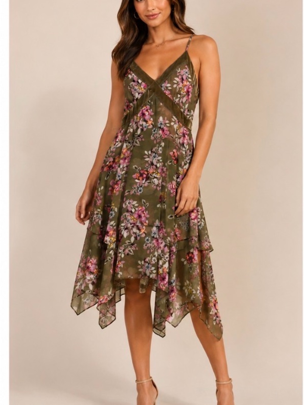White House Black Market Olive Floral Asymmetrical Slip Dress